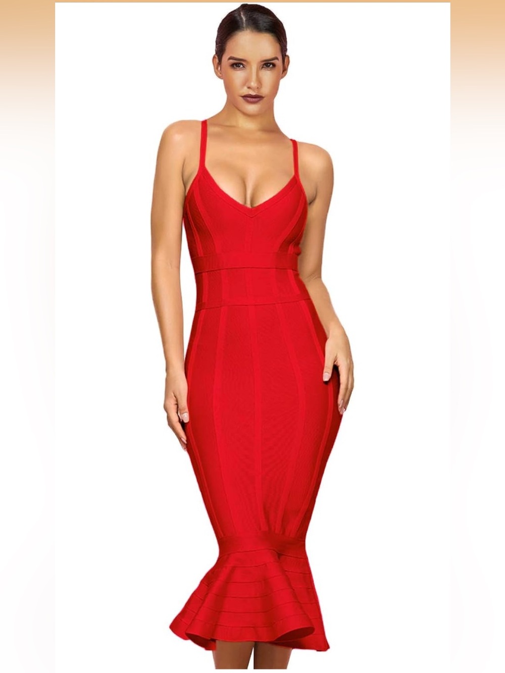 Fiery Red Bodycon Mermaid Bandage Dress Vegas Cocktail Party Dress Large